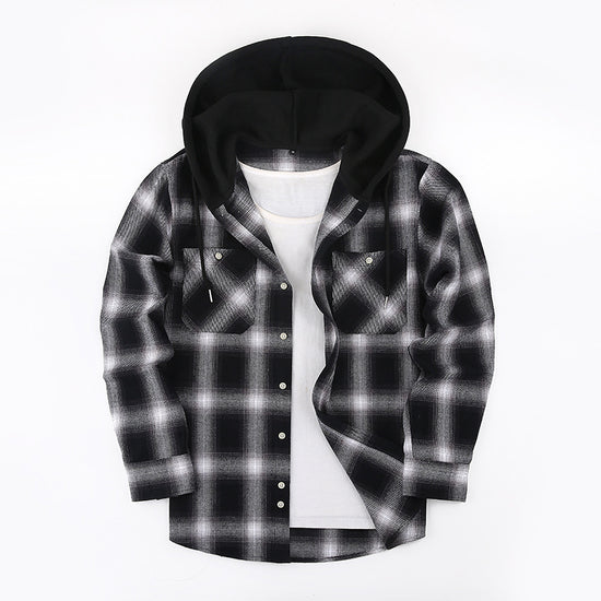 Loose Casual Flannel Long Sleeve Hooded Plaid Shirt