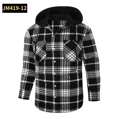Loose Casual Flannel Long Sleeve Hooded Plaid Shirt