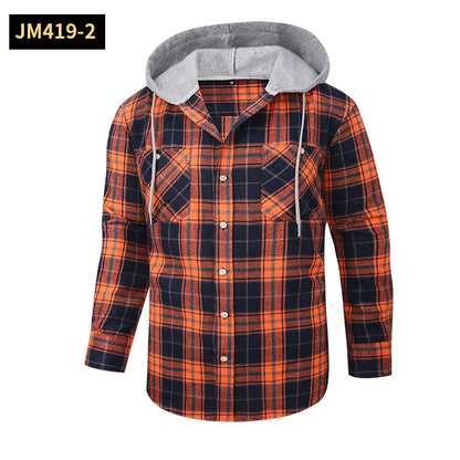 Loose Casual Flannel Long Sleeve Hooded Plaid Shirt