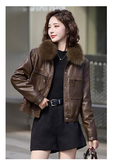 Fleece-lined Thickened Western Style Fashion Short Lapel PU Women&