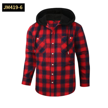 Loose Casual Flannel Long Sleeve Hooded Plaid Shirt