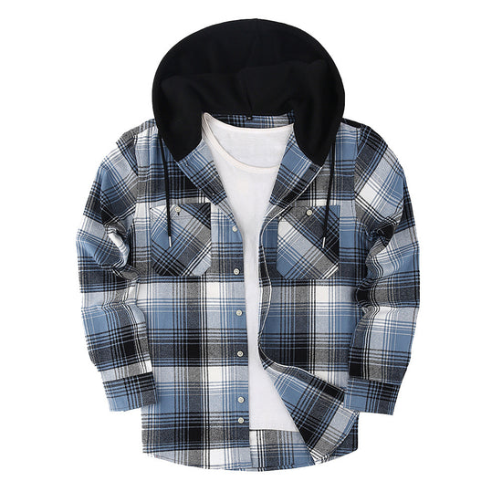 Loose Casual Flannel Long Sleeve Hooded Plaid Shirt