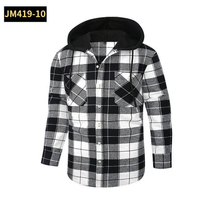 Loose Casual Flannel Long Sleeve Hooded Plaid Shirt