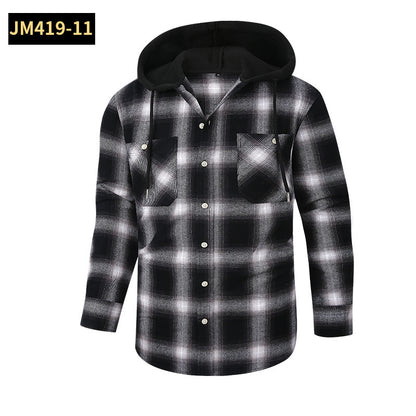 Loose Casual Flannel Long Sleeve Hooded Plaid Shirt